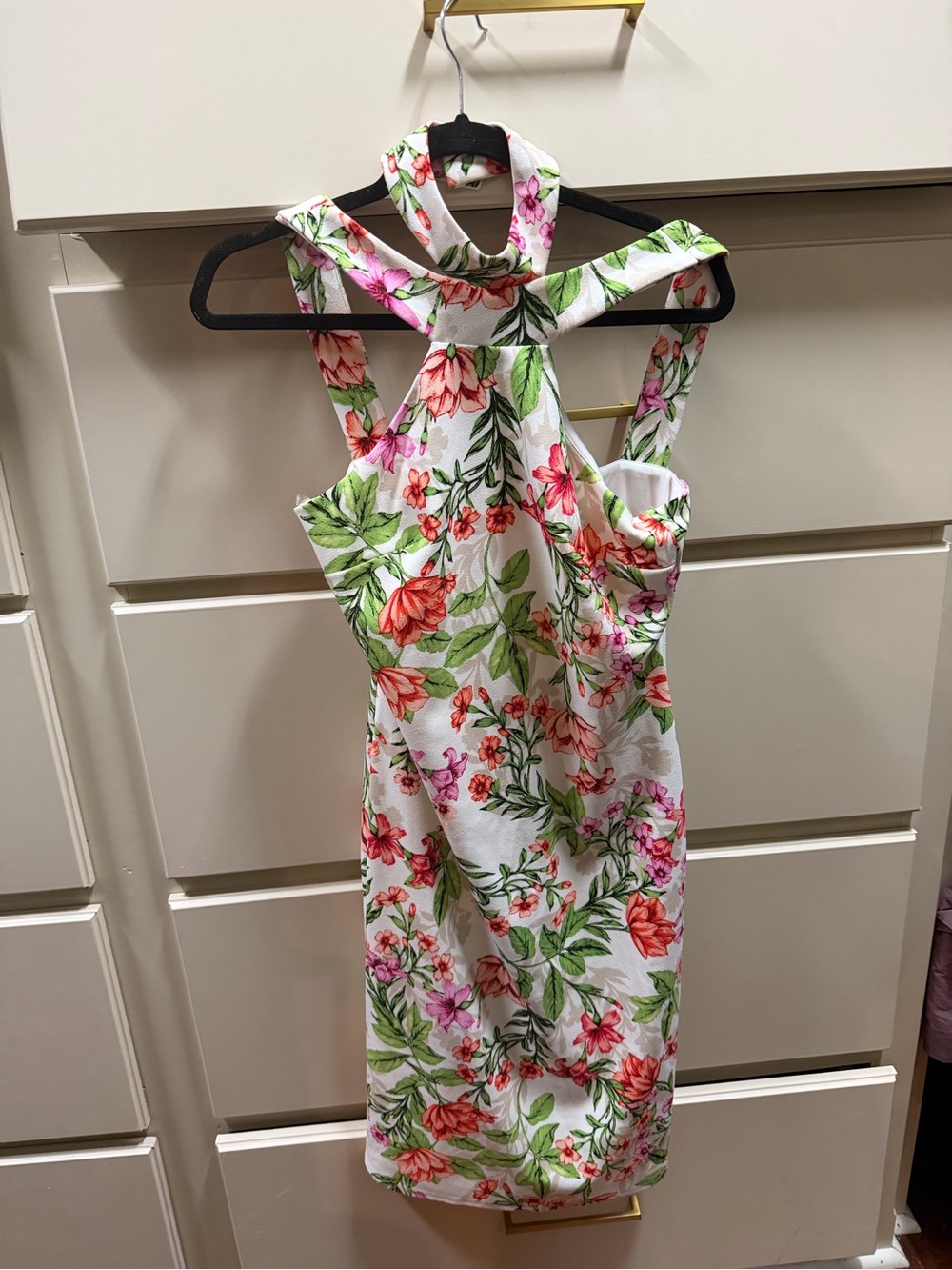 Bebe Floral Halter Bodycon Dress in White with Pink & Green